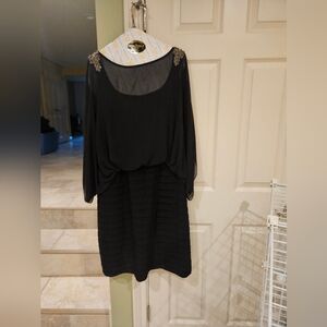 Xscape Elegant Black Long Sleeve Dress with Shoulder Embellishments